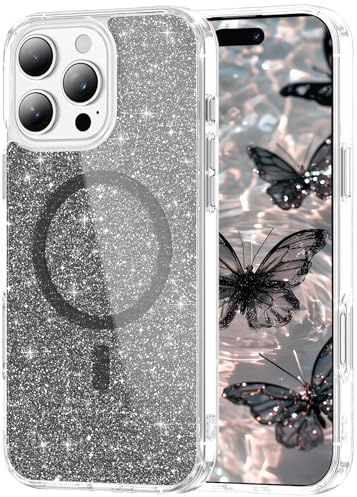 IMEIKONST Magnetic for iPhone 12/12 Pro Case Clear Glitter Black JXSF | Compatible with Magsafe, Slim Fit Transparent Cover, Sparkle Bling, Soft TPU Bumper Shockproof, for Women and Girls