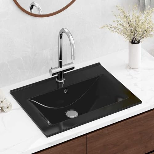 Luxus Keramik Waschbecken Schwarz, Rechteckig 60x46 cm, Modernes Design für Badezimmer, mit Hahnloch, Aufsatzwaschbecken und Unterbau möglich, stilvolles Badzubehör