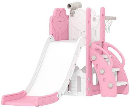 AIYAPLAY Toboggan 5 en 1 thème Grenouille 1-3 Ans Rose | panier de basket, jeu intérieur/extérieur, structure d'escalade, télescope, coffre de rangement