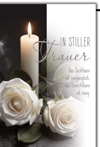 Trauerkarte Dezent - Weiße Rosen mit Kerze und bewegendem Spruch - Klappkarte mit Umschlag Beileidskarte Kondolenz