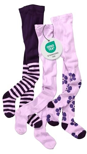 wellyou – 3er Set Kinder Strumpfhosen Mädchen – Baby Strumpfhosen gestreift, unifarben & geblümt in Lila – Baumwollstrumpfhosen aus Ökotex zertifizierten Materialien (gr 98-104 | 3-4 Jahre)