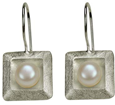 SILBERMOOS Ohrhänger Quadrat Viereck gebürstet mit Perle Sterling Silber 925 Ohrringe Ohrschmuck