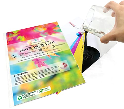 Evergreen Goods™ 50 Sheets A4 Waterproof Matte White Sticker Vinyl | Inkjet & Laser Printable | Multi Purpose Self Adhesive PVC | Labelling, Sticker-Making | Bulk