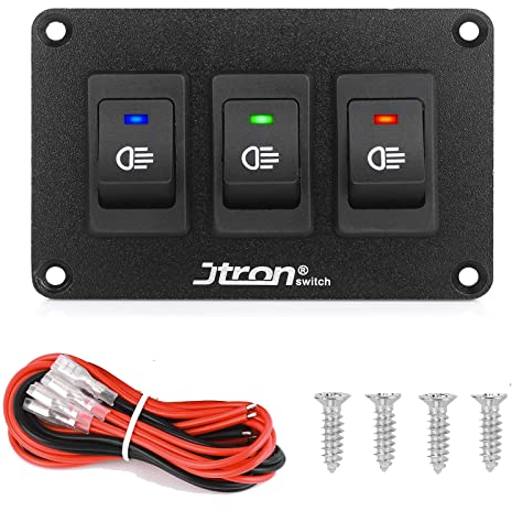 Jtron wippschalter panel 12V 2 polig 2P SPST an-aus Schalter für Nebelscheinwerfer wippschalter 12v beleuchtet kfz für Auto Boot (12V 30A/Rot+Blau+Grün)