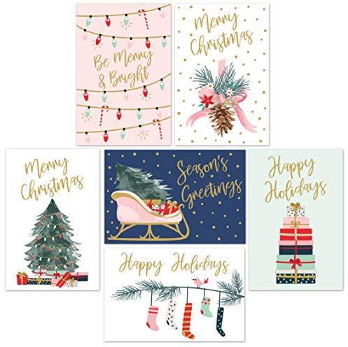 Sweetzer & Orange Christmas Cards, 24 Set Gold Foil Holiday Cards with Red Envelopes – 6 Assorted Designs Boxed for Easy Storage - 4x6 Bulk Greeting and New Years Decor Sheets