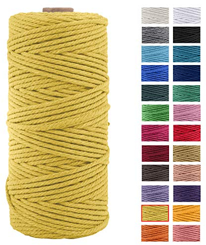 JeogYong Naturliches Baumwolle Garn, Baumwollgarn Makramee-Seil Weiches Baumwoll-Seil, zum Wandbehänge, Pflanzenhalter, Basteln, Heimtextilien, Geschenkverpackung 3mm x 109 Yards (Gelb)