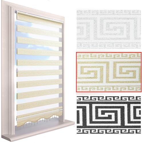 Brillant® Doppelrollo Klemmfix ohne Bohren – Medusa Barock Muster mit Glitzer, Duo-Rollo Blickdicht & transparent, mit Perlenzug, Fensterrollo für Fenster & Türen Gold Beige 90 x 200 cm (B x L)