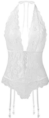 EVELIFE Lingerie Donna Body Sexy con Strappy Scollo a V in Pizzo Biancheria Intima Perizoma con Reggicalze Completi Intimi (Bianco Large)
