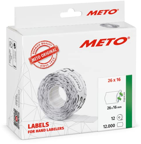 Meto Etiketten für Handauszeichner (26x16 mm, 2-zeilig, 12.000 Stück, weiß, wiederablösbar, für METO, Contact, Sato, Avery, Tovel, Samark etc.)