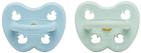 HEVEA 2er-Pack farbiger Naturkautschuk-Schnuller mit natürlichen Farbstoffen, BPA-frei & für den Kontakt mit Lebensmitteln zugelassen (Baby Blue & Mellow Mint, 0-3 Monate runde Saugerform)