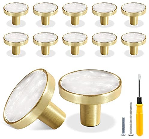 Cionyce 12 Pack Gold Knobs for Dresser Drawers, Brass Dresser Knobs Round Cabinet Knobs for Kitchen Cabinet Cupboard Door Decorative Furniture Hardware, 1-1/4 Diameter, White