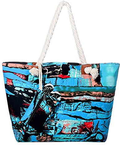 DonDon Strandtasche mit Reißverschluss, Große Strandtasche XXL, Shopper Tasche Damen - Praktische Beach bag Umhängetasche Damen Badetasche für Strand und Meer - Abstract Art