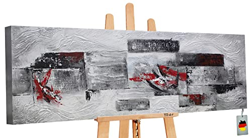 YS-Art Abstrakt Acryl Gemälde auf Leinwand handgemalt Abstraktion IV Wandbilder Wohnzimmer moderne grau rot Apartment Wohndekor Bilder echte Kunst 150x50 cm