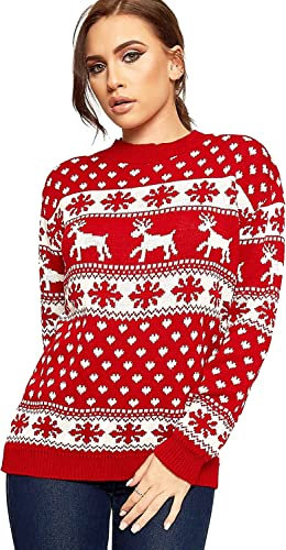 WearAll Women's Knitted Merry Christmas Long Sleeve Xmas Tree Ladies Pom Jumper Snowflake Red 12-14
