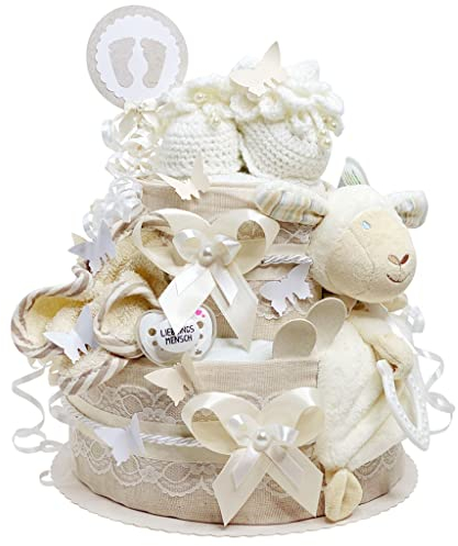 Windeltortezurgeburt.de neutral | Windelgeschenk Schaf Baby-Geschenk zur Geburt Taufe Babyshower 2 Stöckig (Beige) Baby-Boy & Baby-Girl (Unisex) mit Strickschuhen Schnuffeltuch Schnuller Windeln mehr