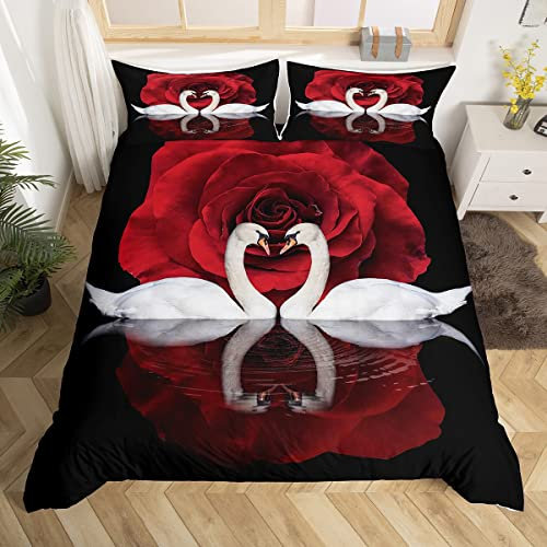 Mädchen Weiß Swan Bettbezug Set Rot Rose Blume Betten Set Für Kinder Erwachsene Vogel 3D Tier Gedruckt Bettwäsche Set 200x200cm Romantisch Tierwelt Ultra weich Zimmerdekoration Reißverschluss