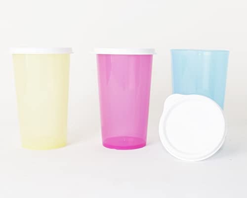 Tupperware 3X Trinkbecher 330ml in Gelb, Rosa + Hellbau Becher + Hängelöffel Apricot