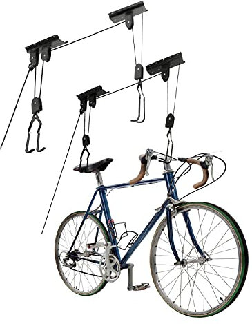 2er Set Fahrradlift mit Flaschenzug | Fahrradaufhängung zur Deckenmontage | Tragkraft - 20kg | Deckenhalterung für Fahrräder | E-Bike Deckenlift mit Seilzug -Fahrradaufzug | Universal für Leiter
