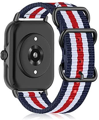 KeeFos 20mm Armband für Amazfit Active/Amazfit GTR Mini/GTS 4 Mini/GTS 4/Bip 3/3 Pro, Einstellbares Verschluss Nylon Canvas Ersatzarmband Armbänder für Amazfit GTS 3/GTS 2e/GTS 2 Mini - Blau/weiß/Rot