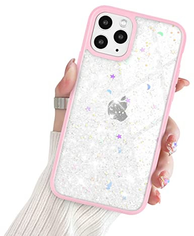 Newseego Clear Glitter Case Compatible with iPhone 11 Pro Case for Girls Women, Sparkly Bling Cute Star Pattern Phone Case Soft TPU Shockproof Protective Bumper Cover for iPhone 11 Pro-Pink