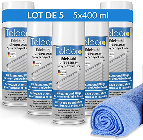 Toldoro Set aus 5x Edelstahl Pflegespray 400ml & 1x Mikrofasertuch 40x40cm / Edelstahl Reiniger für Grill, Küche/Edelstahlpflege Spray als Edelstahl Reinigungsmittel inkl. Reinigungstuch