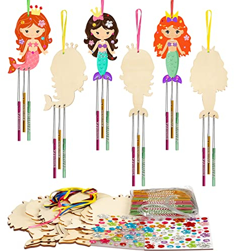 WEDNOK 9tlg Meerjungfrau Windspiel Bastelset Kinder Meer Basteln Ozean Bastelsets Meerjungfrau Klangspiel Bastelhandwerk Kreativsets zum Bemalen für Mädchen Junge Sommer Geburtstag