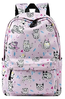 JIANLINST Mädchen Schulrucksack Jungen Teenager Schultasche Wasserdicht Nylon Rucksack Damen Schulranzen Freizeitrucksack Laptop Tasche Rosa Katze