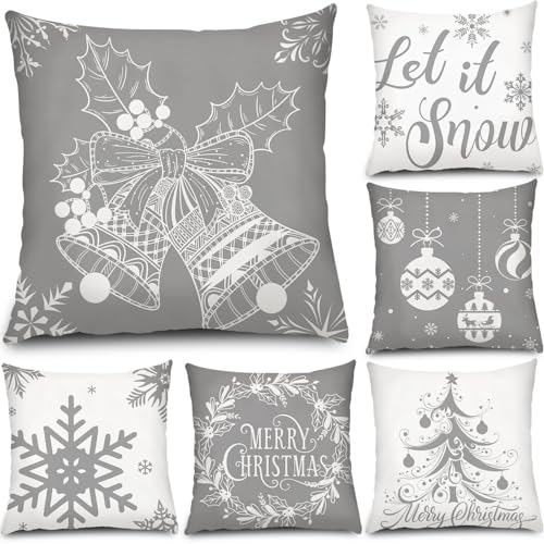 Tatuo 6 Stück Weihnachten Kissenbezüge Deko Weihnachten Kissenhülle Feiertag Polsterbezüge Zierkissenbezüge für Sofa Couch Weihnachten Büro Schlafzimmer (Silberner und Grauer Stil, 18 x 18 Zoll)