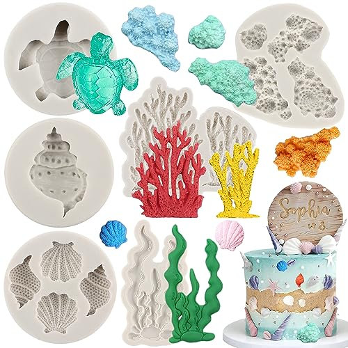Sijiangmold Lot de 6 moules en silicone pour fondant sur le thème marin, algues, corail, tortue de mer, coquillages, conques, bonbons pour décoration de gâteaux, décoration de cupcakes, pâte à sucre,