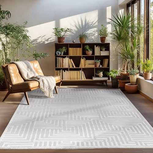Carpettex Teppich Kurzflor Wohnzimmer Grau Skandinavisch Stil Großer 3D Effekt 240 x 340 cm - Waschbarer Schlafzimmer Küchenteppich Geometrisches Muster Weich und Flauschig