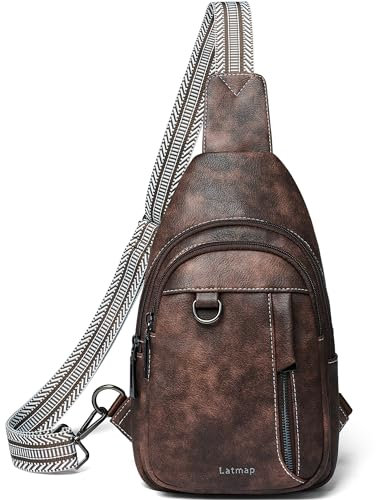 LATMAP 7L Sling Bag Damen,Brusttasche Damen Kleine Crossbody Bag PU Leder Tasche Umhängetasche Diebstahlsicher Schultertasche für Outdoor Sport,Coffee