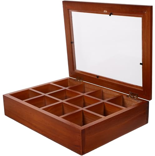 PRETYZOOM Wooden Tea Box Organizer 12 Compartments Tea Storage Box Chest Tea Bag Holder Rack Storage Container Tea for Coffee Tea Sugar Sweeteners Drink Packets