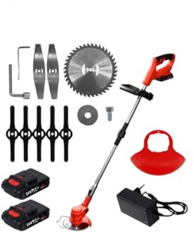Tagliabordi Decespugliatore a 2 Batteria da 24v 3 Lame Diverse, manico telescopico regolabile Adatto Per Giardini, Prati, Arbusti inclinazione 90 gradi regolabile