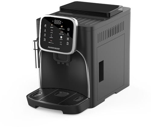 PAKROMAN Fully Automatic Coffee Machine with 19 Bar Italian Ulka Pump with Classic Frother, Four Coffee Varieties, Intuitive Touchscreen and Conical Burr Grinder