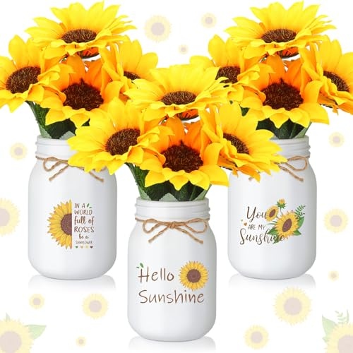Ziliny Summer Sunflower Decor Set of 3, Home Farmhouse Sunflower Mason Jar Decor with 3 Bundle Artificial Sunflower Kitchen Tiered Tray Decorations for Dining Table Centerpiece Summer Decorations