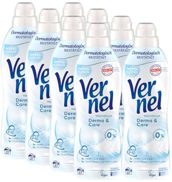 VERNEL Derma & Care Weichspüler 8x 37 WL (296 Waschladungen), hypoallergener & speziell für sensible Haut entwickelter Wäscheduft sorgt für unwiderstehliche Weichheit, recycelbar