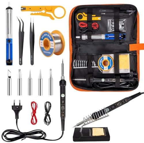 Saldatore set, 16 in 1 60 W kit di saldatore elettronico, 220-480 °C temperatura regolabile, stazione di saldatura, 5 punte di saldatura, filo di saldatura, pinzette e pompa di dissaldatura