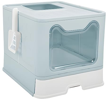 The Fellie Large Cat Litter Tray, Hooded Cat Litter Box with Drawer Pan and Scoop, Odor Control Easy Clean Litter Box, Blue, 51 x 41 x 38 cm