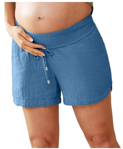 Short Lin Coton Enceinte Grossesse Taille élastique été Short Maternité Chic Pas Cher Shorts Grossesse Femme Large Grande Taille Pantalon Court Femme Confortable (Sky Blue, M)