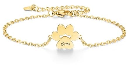 Y Z Personalised Dog Paw Shaped Charm Bracelet in Silver, Gold and Rose Gold. Customised 1, 2 or 3 Paws Engrave Name Handmade in the UK with Gift Box