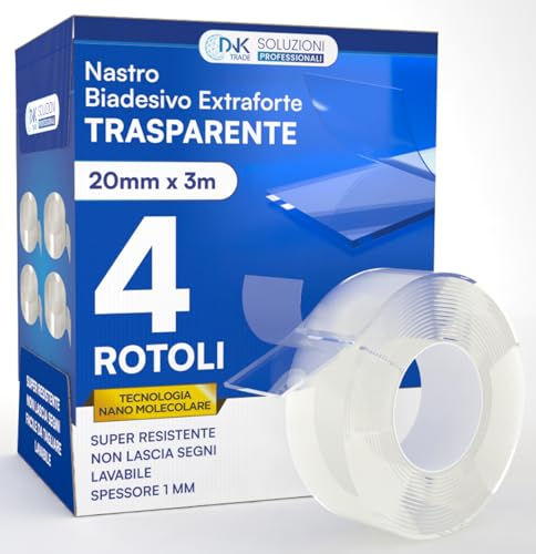 DNK TRADE Doppelseitiges Klebeband, extra stark, Rolle mit 3 Metern, transparentes & waschbares Klebeband, 4 Rollen doppelseitiges Klebeband mit Nano-Mikro-Molekulartechnologie, insgesamt 12 Meter