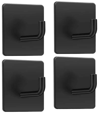 MACOLE Self Adhesive Wall Hooks, Heavy Duty 304 Stainless Steel, Matte Black Towel Hooks for Bathroom Kitchen & Bedroom, No-Drill 6kg Max Load, 3M PE Foam Sticky Hooks, 4 Pack