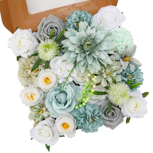 Floweroyal Künstliche Blumen, Kombi, Blaue Blumen, Seidenblumen, Dahlien-Rosen mit Stielen für Hochzeit, Brautsträuße, Tischdekoration, Babyparty, Blumenarrangement, Heimdekorationen