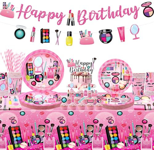 Spa Birthday Party Decoration Makeup Party Accessories Plate Cups Napkins Tablecloth Happy Birthday Banner Cake Toppers for Girls Women Slumber Pamper