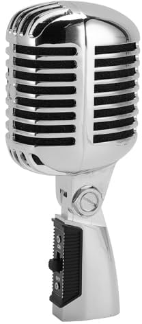 Denash Microphone Rétro Vintage, Microphone Vocal Dynamique à Support Rotatif à Tension Automatique en Alliage de Zinc avec Bouclier Sonore, pour KTV, Performances sur Scène (Silver)