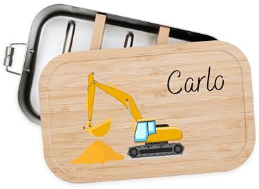 Bärenfreunde® - Personalisierte Brotdose für Kinder mit Spezial-Druck - Robuste Edelstahl Brotdose - Personalisierte Geschenke für Kinder & Erwachsene (Bagger gelb,GROSS Edelstahl)