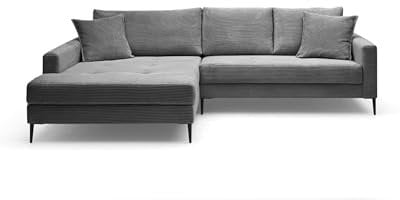 Liadomo Sofa Hilary Graphit, modernes Ecksofa, Cordbezug in Grau, Ottomane Links, Couch mit hohem Sitzkomfort, pflegeleicht & formstabil, Metallfüße, Sofa in L-Form Links, Made in Europe