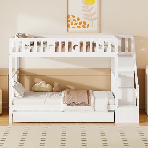 Litera infantil de 90 x 200, cama cabaña infantil de madera, litera de 2 plazas, cajones, cama infantil con barrera, cama alta de 2 plazas, escalera, cama nido con almacenamiento y somier de láminas,