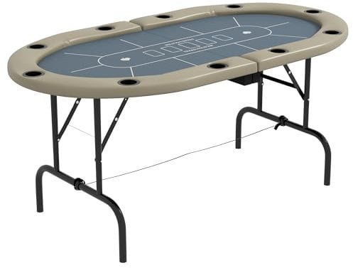 SPORTNOW 8 Player Folding Poker Table, Oval Portable Blackjack Casino Table with Cup Holders, Cushioning Edge, Brown and Blue