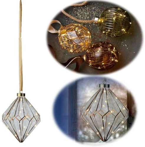 LS-LebenStil Deko XL Glas Lichtkugel Diamant 15 LED 16x20cm Gold Braun Timer Batterie-Fach Kugellampe zum Anhängen als Weihnachtsdeko innen Weihnachtsbeleuchtung Fensterdeko Batteriebetrieben